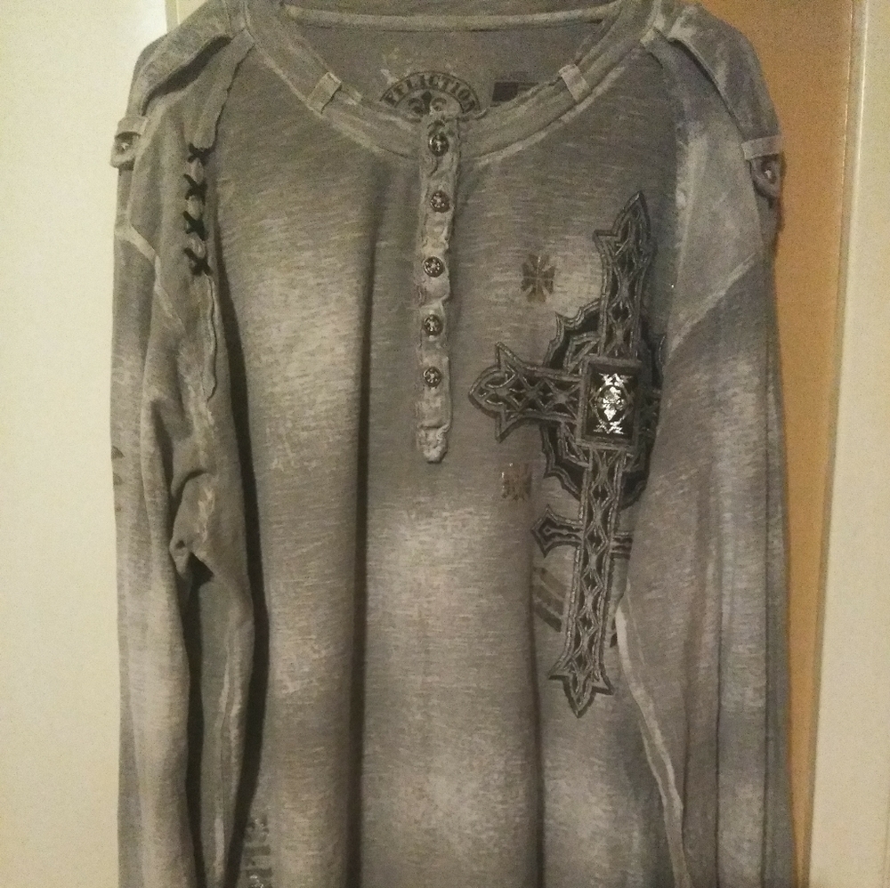 Men Affliction Henley Long Sleeve Shirt Sz L